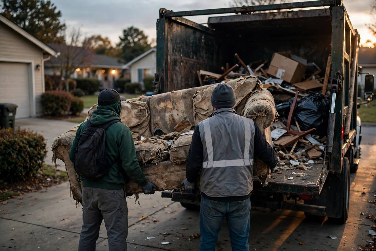Two workers loading a worn sofa into a junk truck at dusk